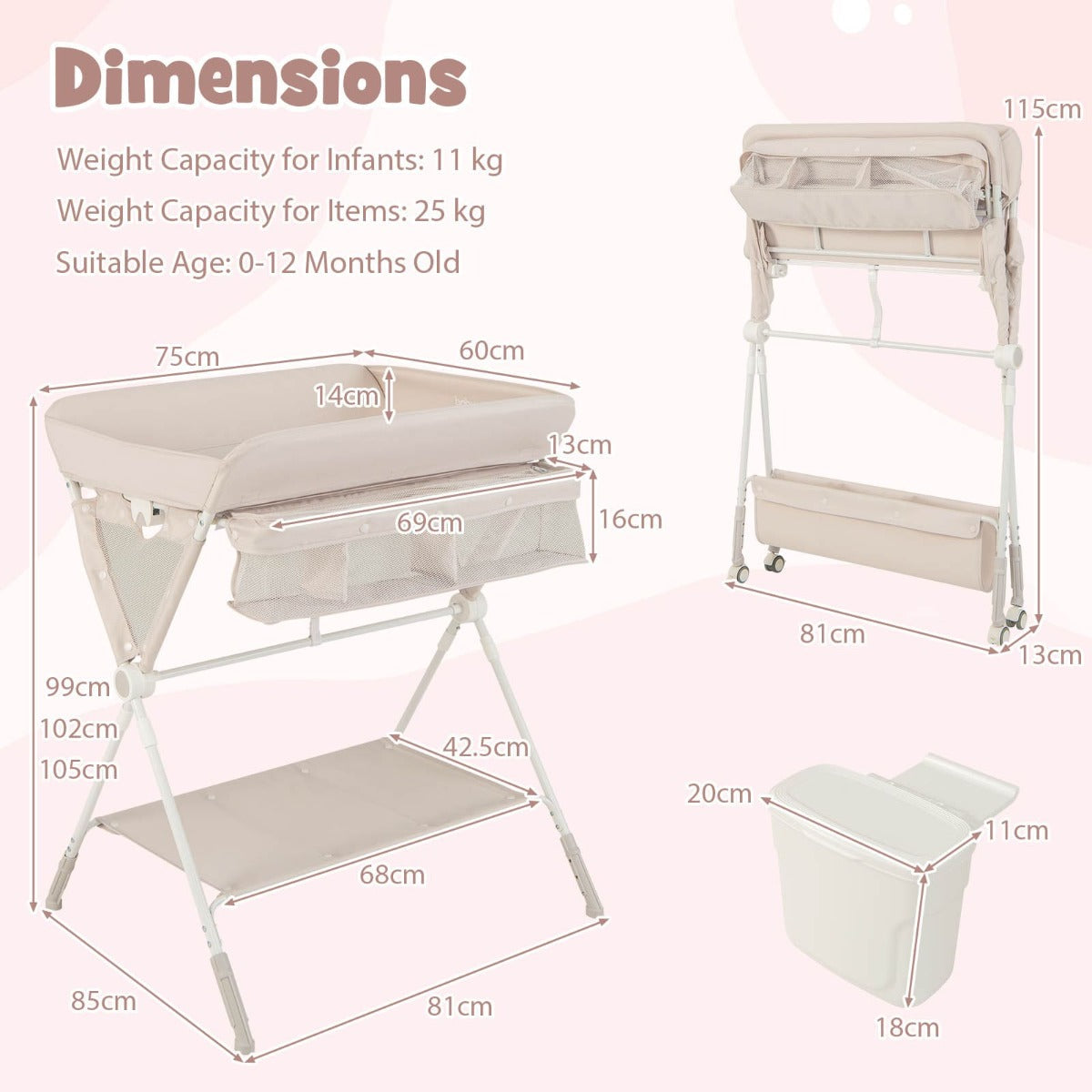 NNECW Portable Folding Baby Changing Table for Infant Newborn Nursery-Beige