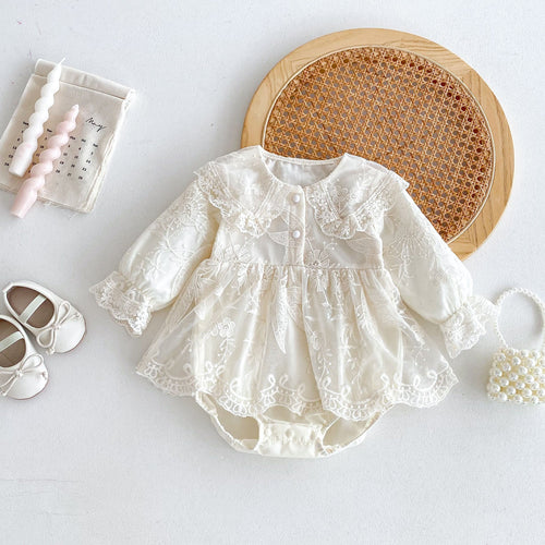 Autumn Arrival Baby Girls Long Sleeves Beige Embroidery Onesies Dress