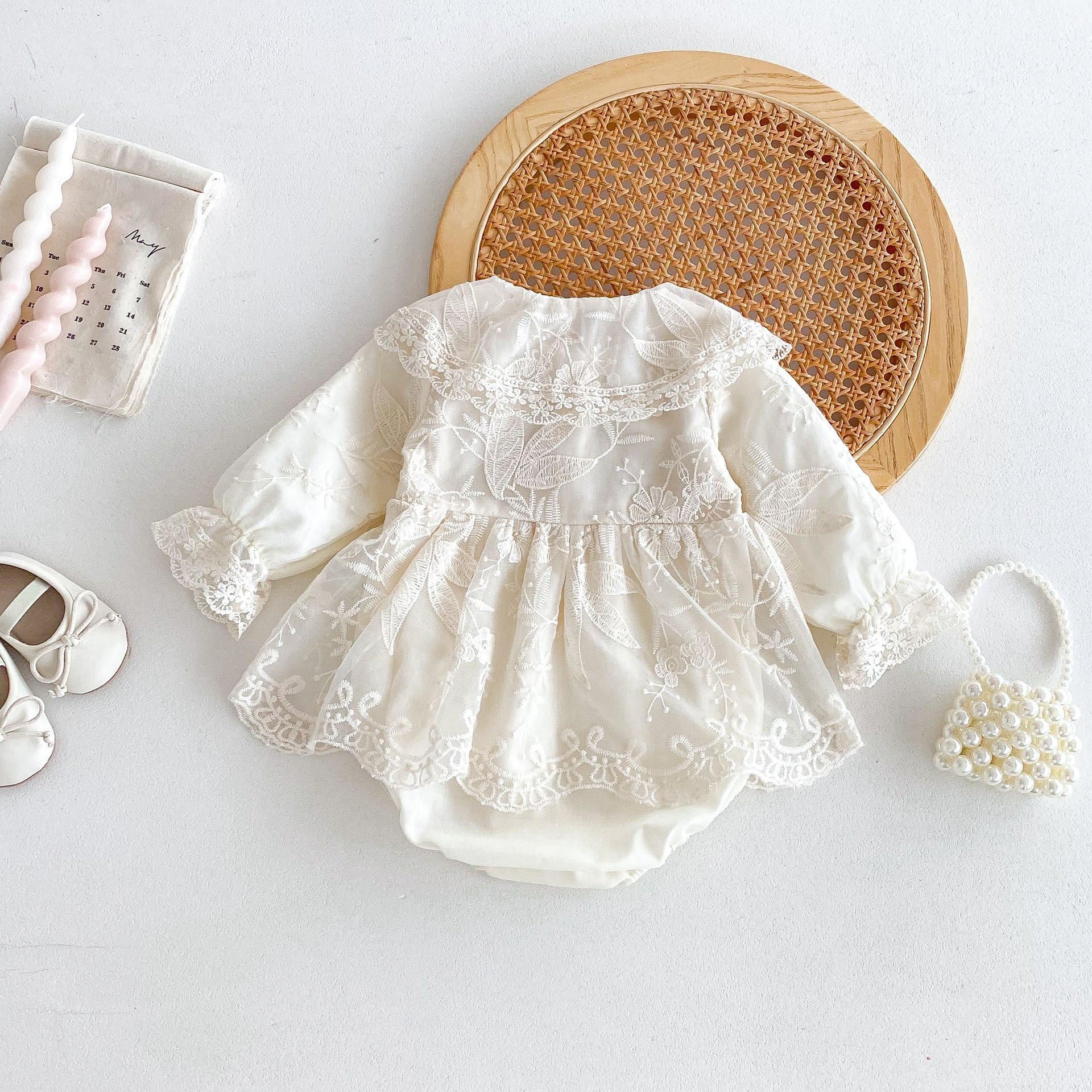 Autumn Arrival Baby Girls Long Sleeves Beige Embroidery Onesies Dress