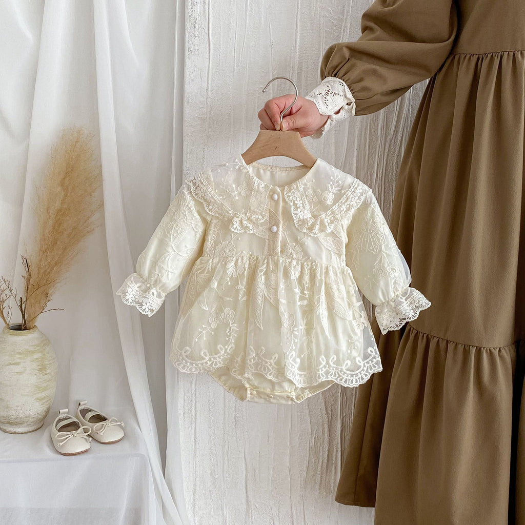 Autumn Arrival Baby Girls Long Sleeves Beige Embroidery Onesies Dress