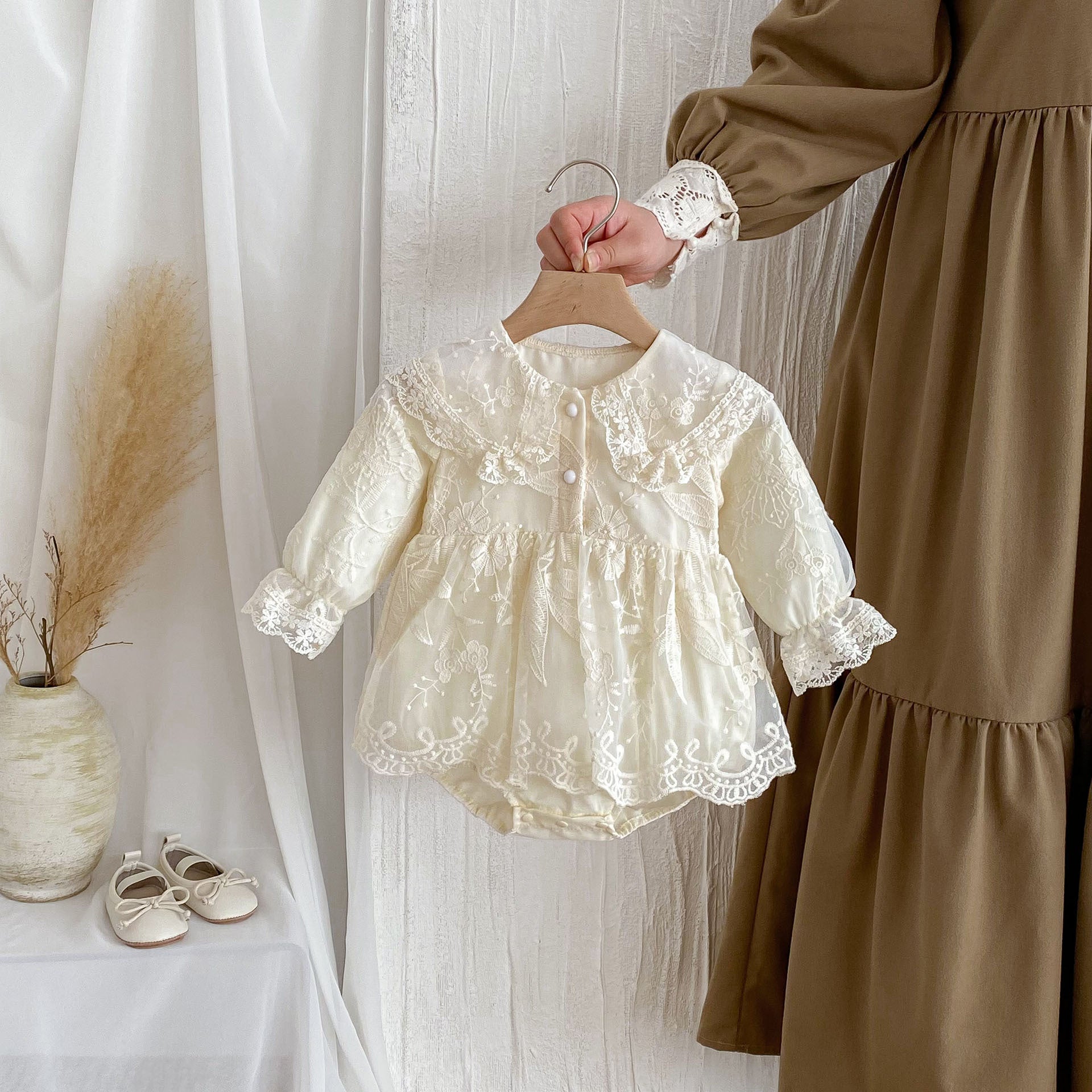 Autumn Arrival Baby Girls Long Sleeves Beige Embroidery Onesies Dress