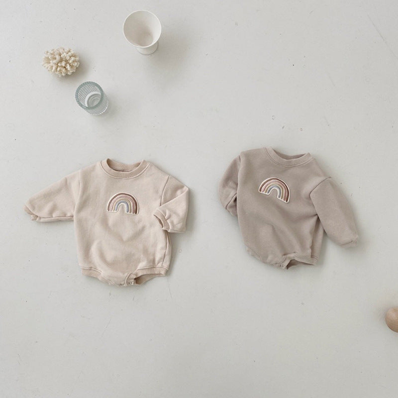 Baby 1pcs Rainbow Embroidery Pattern Solid Color Long Sleeves Soft Bodysuit